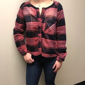 Red and navy plaid scoop neck flannel